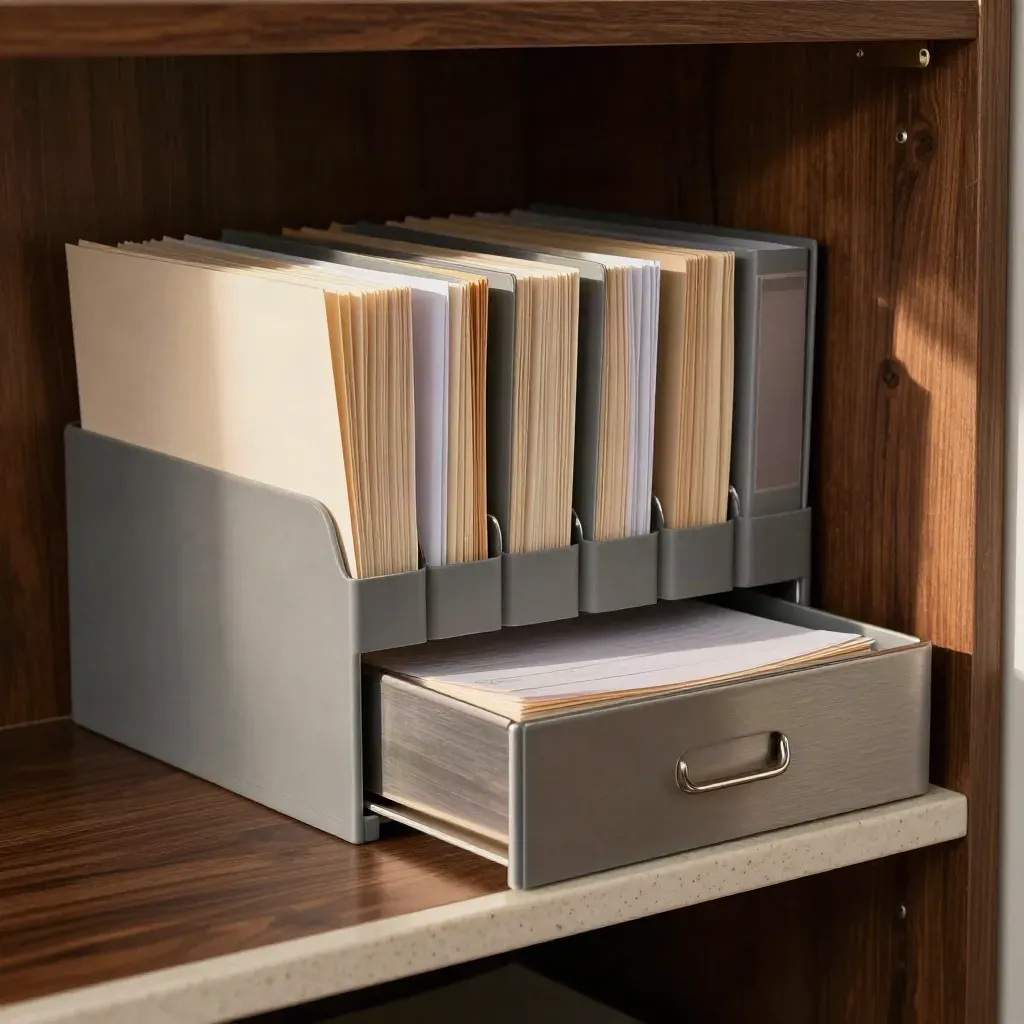 Cartelle amministrative chiuse in un angolo d’ufficio, con cassetto socchiuso e luce calda.