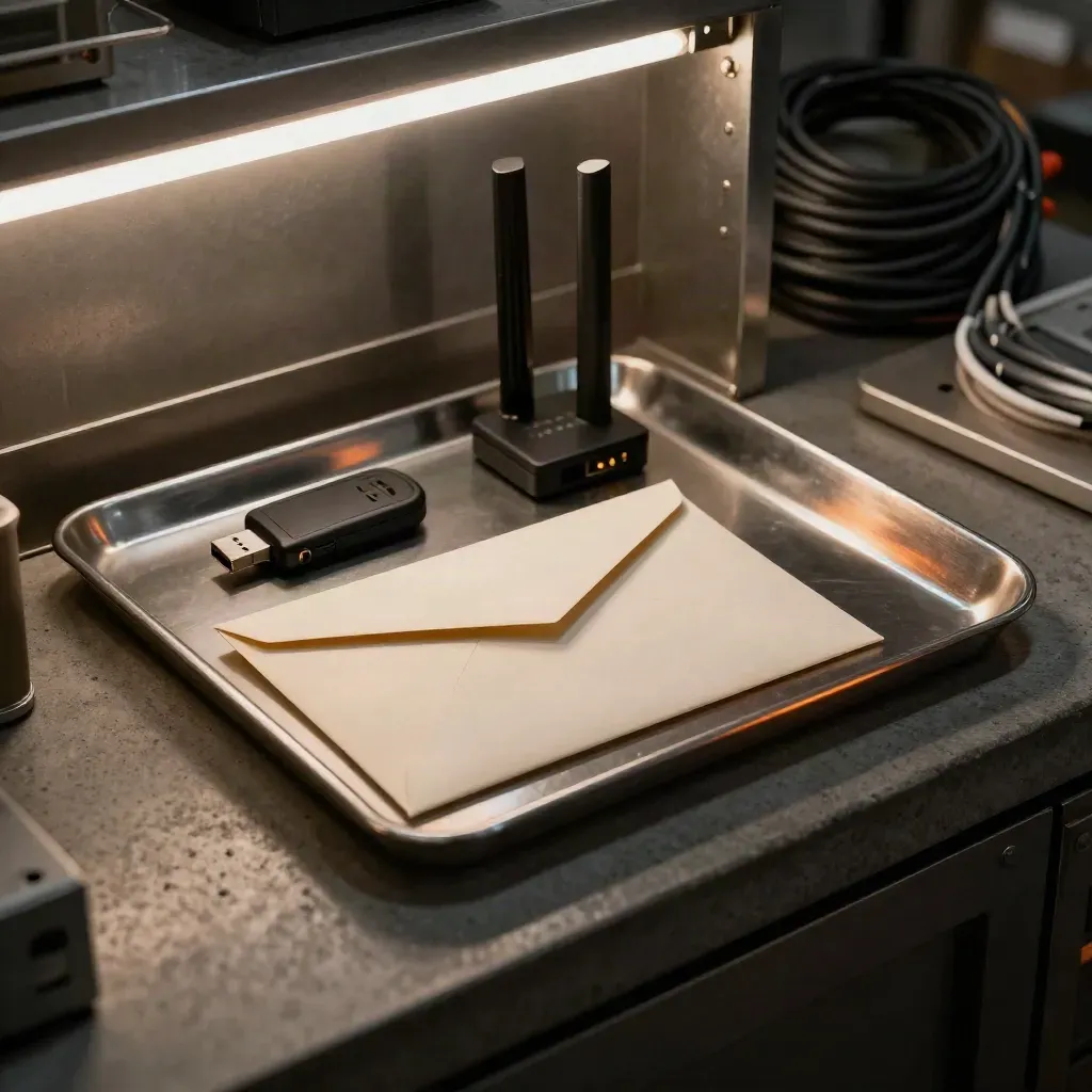Busta PEC, chiavetta USB, router e vassoio metallico in sala tecnica con luce LED fredda.