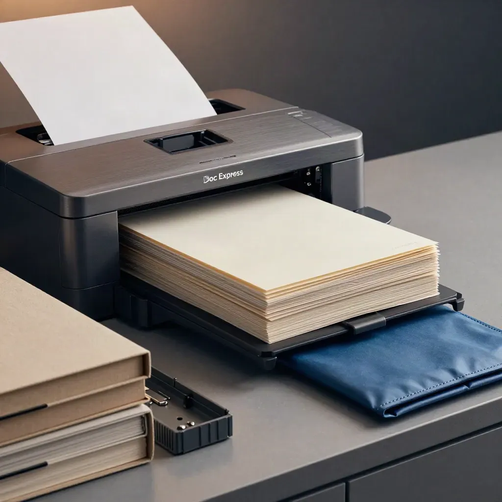 Scanner professionale e materiali d’archivio in un set documentale cinematico, con luce dell’alba.