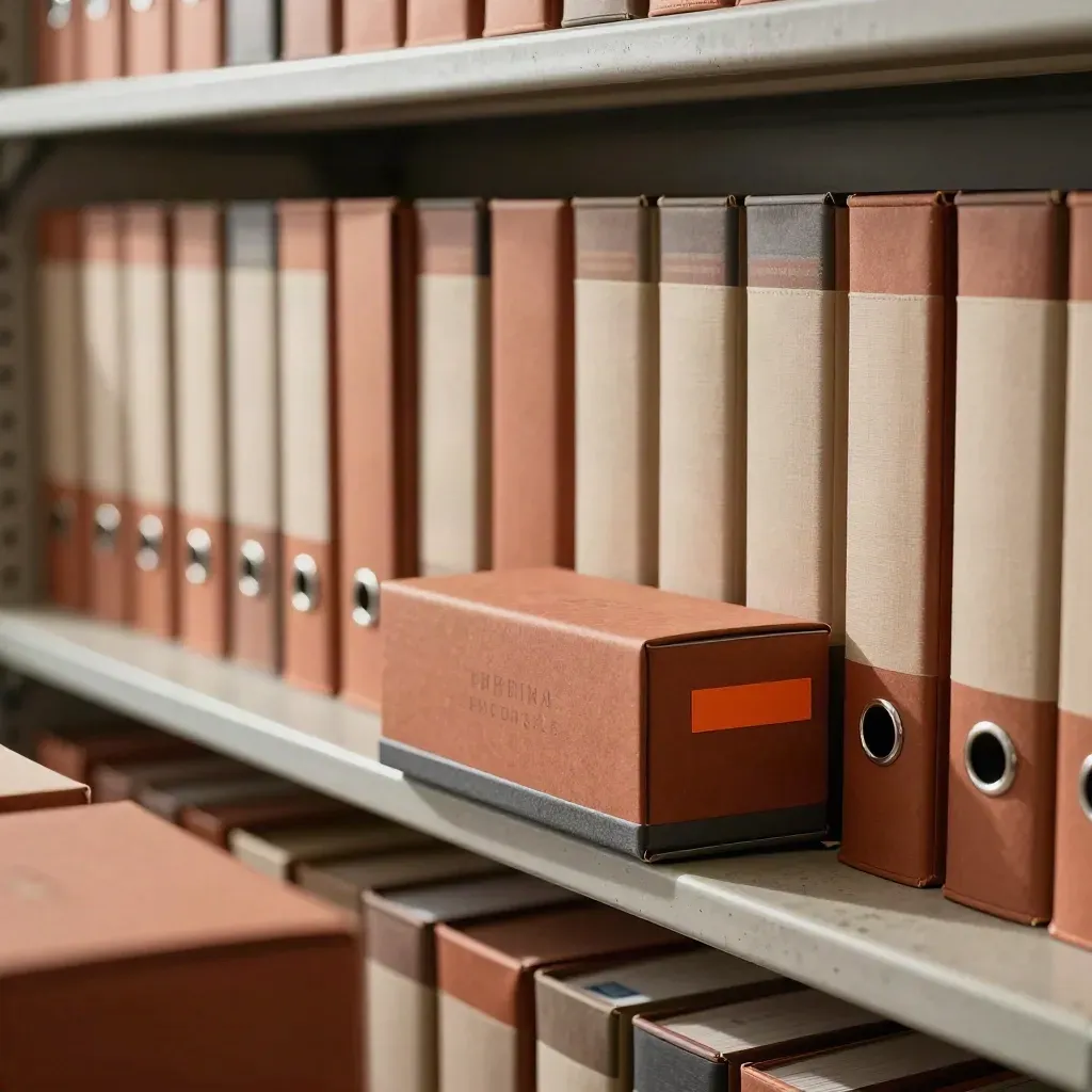 Archivio mensile PMI con scatole ordinate e vassoio di uscita in luce morbida.