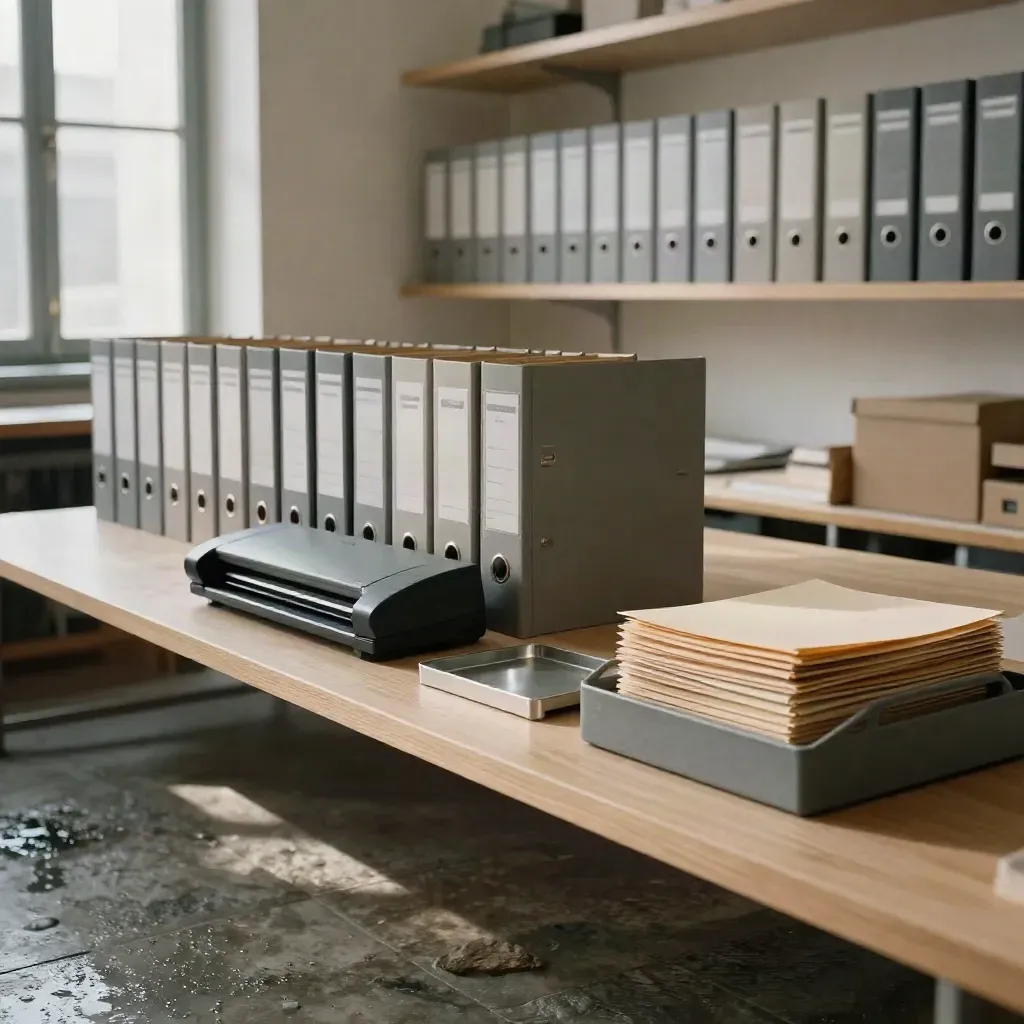 Studio tecnico milanese ordinato con fascicoli chiusi, scanner spento e vassoio corriere vuoto.