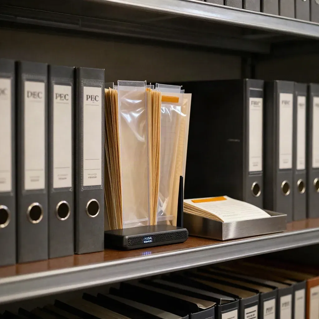 Scaffale legale con pratiche PEC archiviate, router discreto e vassoio ricevute ordinato.