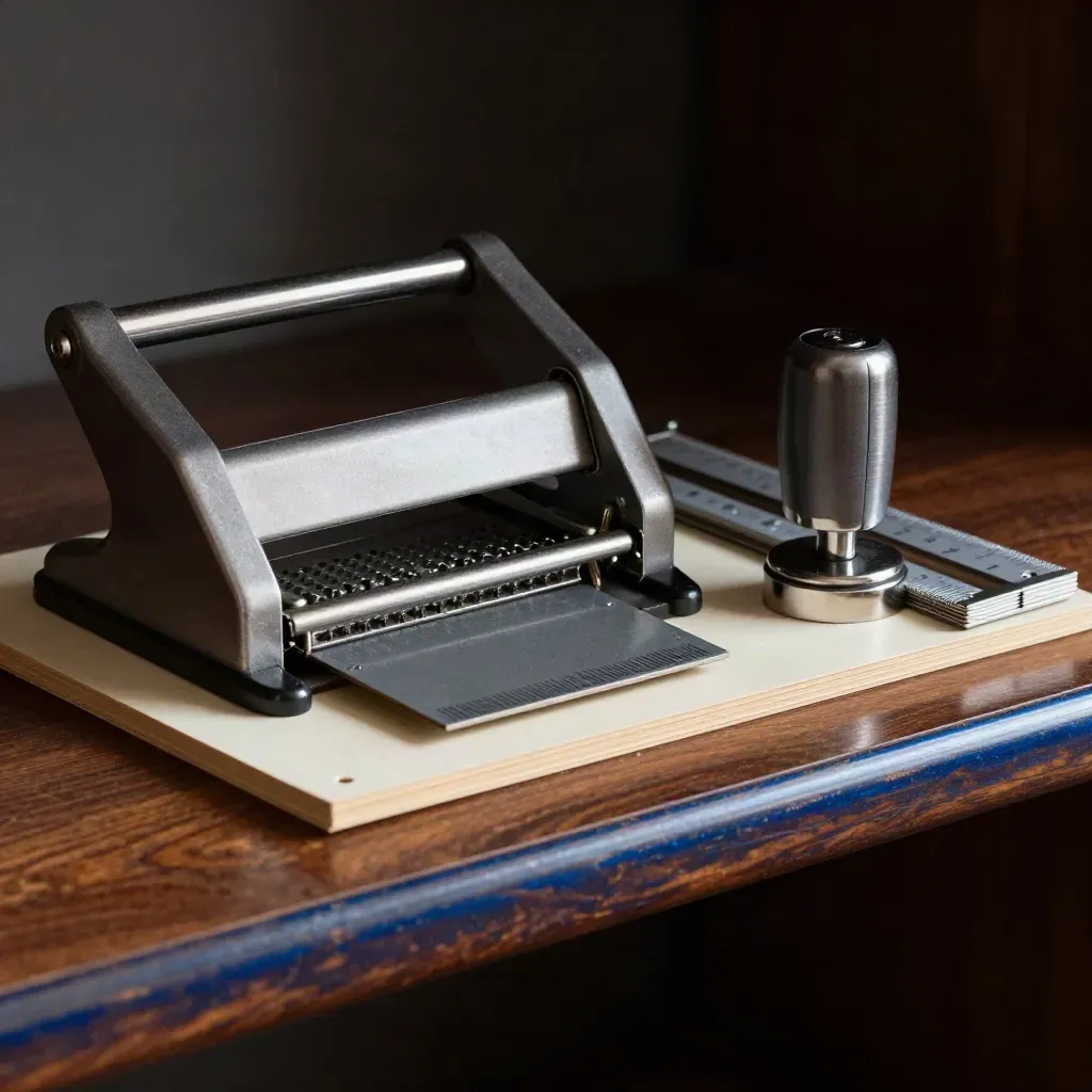 Perforatore, pressa sigilli e divisori rigidi su mensola in legno scuro, luce drammatica.