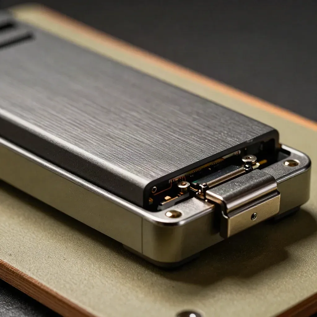 Culla scanner, SSD e cerniera di archivio tecnico in macro con luce fredda