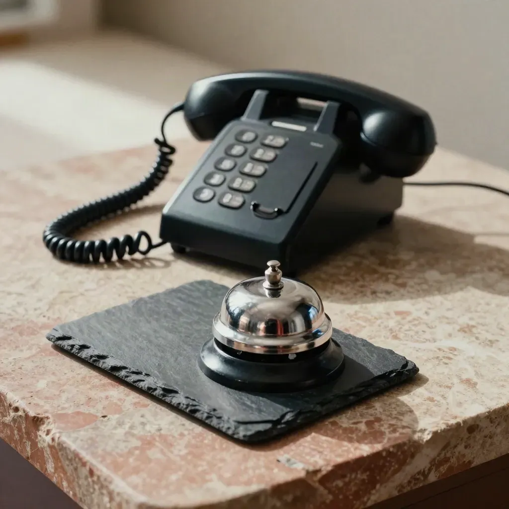 Telefono da scrivania con headset e campanello su lastra di pietra, scena supporto clienti.