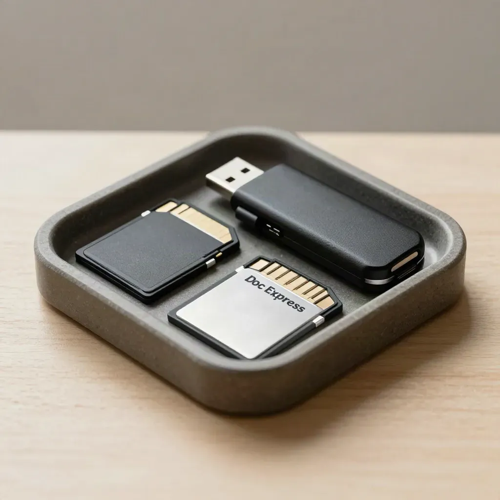 Chiavetta USB-C e memory card in vaschetta di pietra su legno chiaro