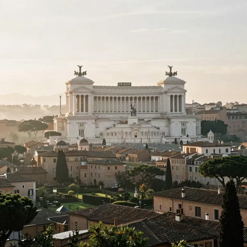 Veduta di Roma all’alba con cupole e Vittoriano sopra tetti scuri e foschia luminosa.