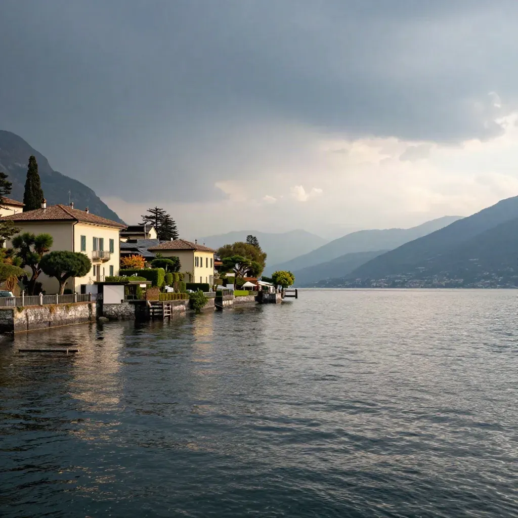 Lago di Como al tramonto, ville chiare ai piedi delle montagne e acqua scura sotto la foschia.