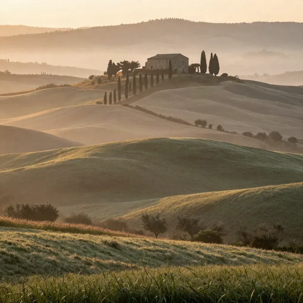 Colline toscane all’alba con cipressi, campi dorati e casale tra la bruma.