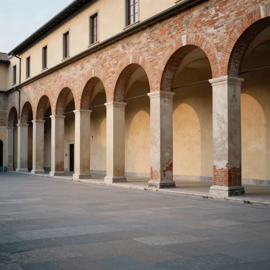 Portici dell’Emilia-Romagna in terracotta e intonaco, con fascia bassa morbida per il testo.